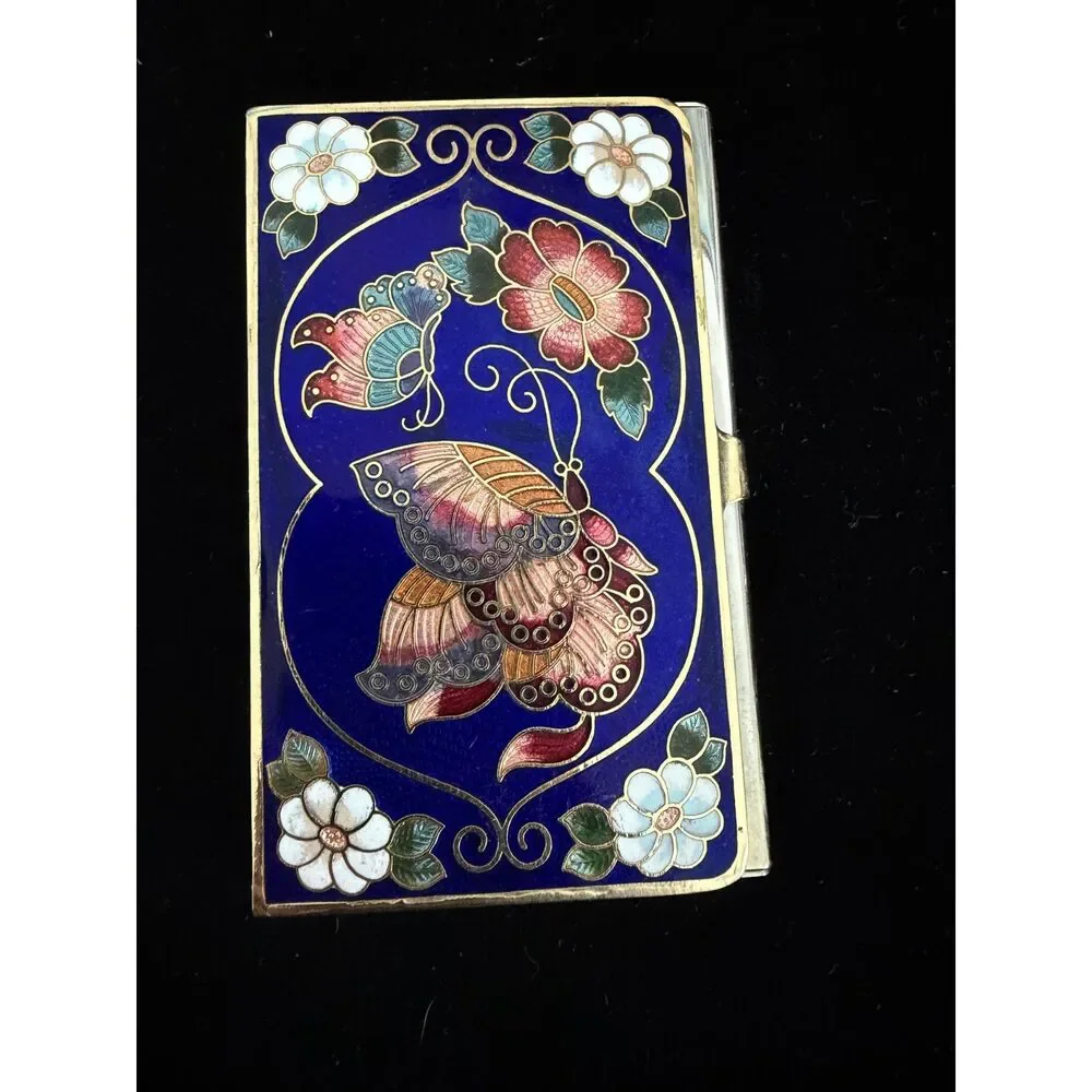 Vintage chinese Cloisonne Enamel Butterfly and floral Design card holder